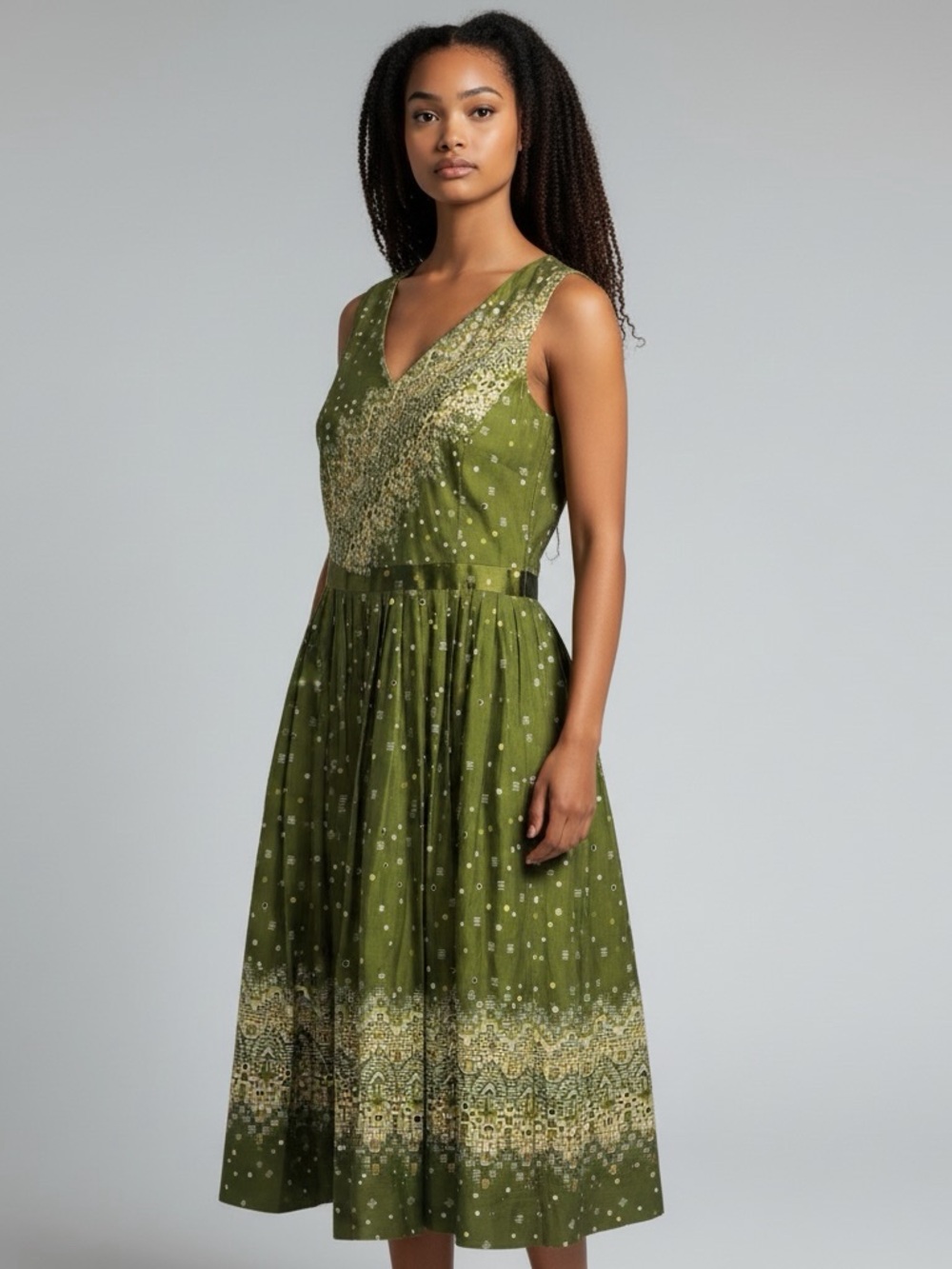 Cynthia Howie Cotton Olive Green Sleeveless Silk Lined Dress and Sequins